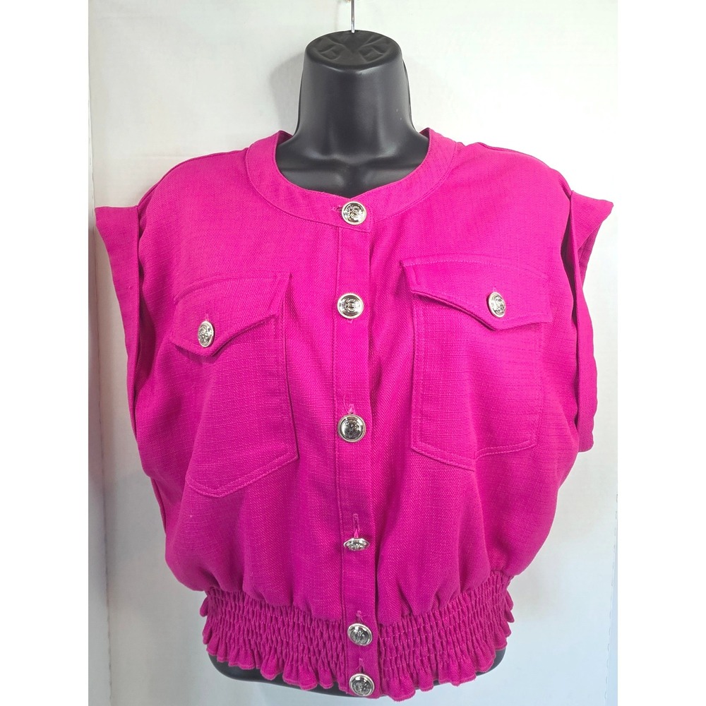 Lilly's Kloset Magenta Pink Cap Sleeve Button Down Smocked Hem Top L